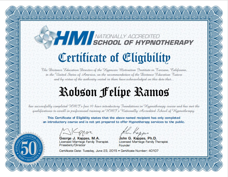 certificado de conclusão do curso de hipnose